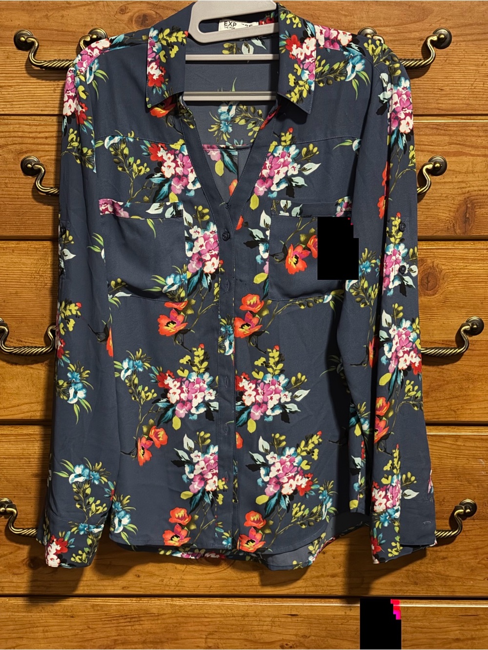 Express Navy Button-Down Floral Blouse